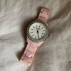 Pink Fossil Watch with tin storage box